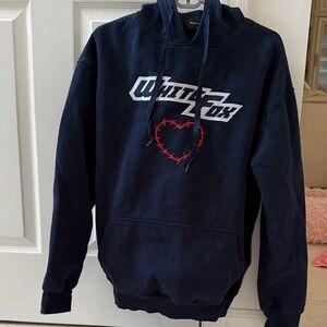 White Fox Navy Hoodie with Red Heart Design. Size xs/s